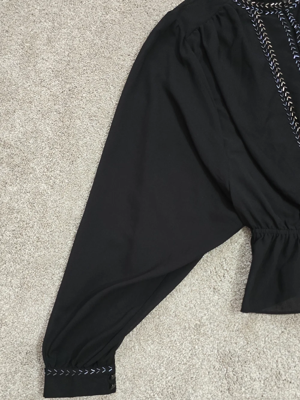 Free People Navy Blue Sheer Peplum Beaded Long-sleeve Blouse XS